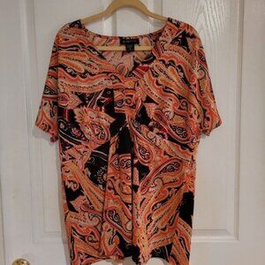 INC Top Blouse Paisley Print 1X Fall Winter Brown Orange 1XL Women's Work Career